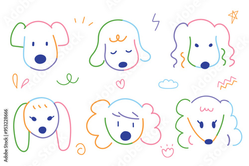 Cute dogs face hand drawn doodle with colorful line for element illustration pet clinic and kid