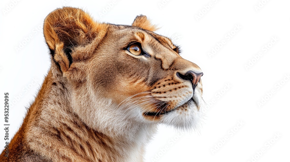 Lioness Portrait: A majestic lioness gazes intently into the distance, showcasing her powerful presence and captivating beauty against a clean white backdrop. Her piercing eyes and regal demeanor evok Lioness Portrait: A majestic lioness gazes intently into the distance, showcasing her powerful presence and captivating beauty against a clean white backdrop. Her piercing eyes and regal demeanor evok
