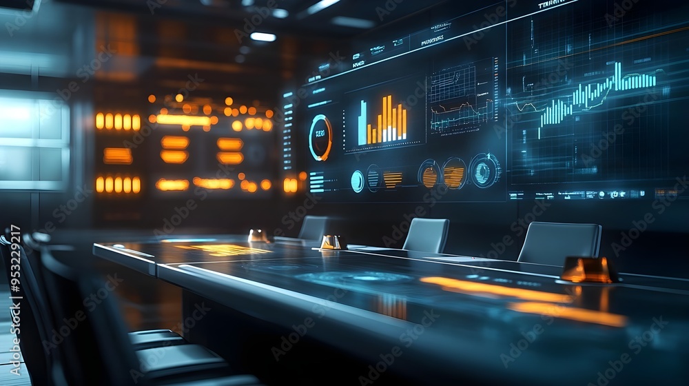 Futuristic Tech Conference Room with Data Analysis Display Futuristic Tech Conference Room with Data Analysis Display