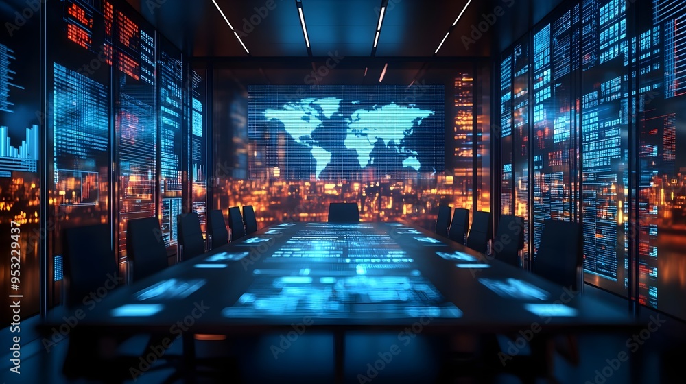 Futuristic Tech Conference Room with World Map Futuristic Tech Conference Room with World Map