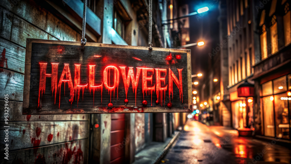 Bloody Halloween Sign Hanging In Dark Alley Bloody Halloween Sign Hanging In Dark Alley