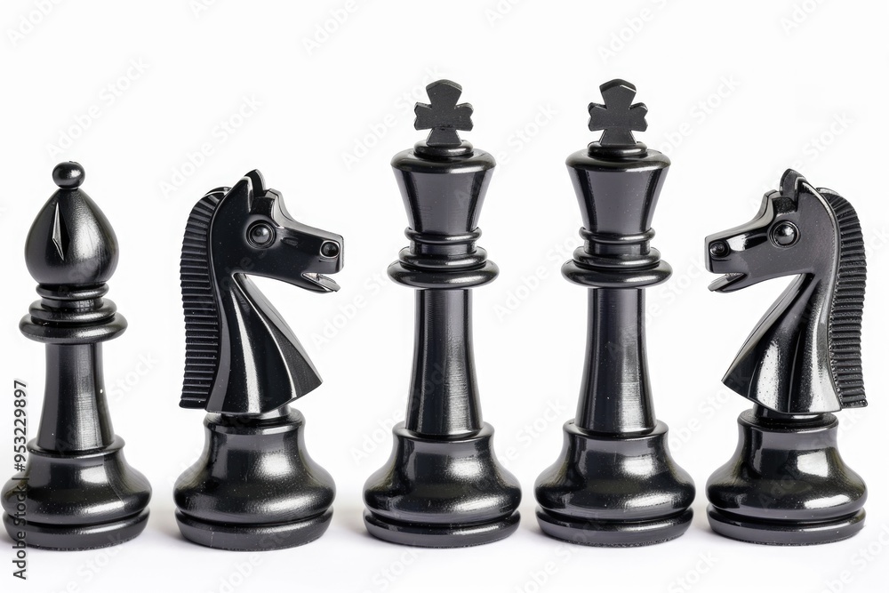 Group of black chess pieces sitting together, useful for various projects and designs Group of black chess pieces sitting together, useful for various projects and designs