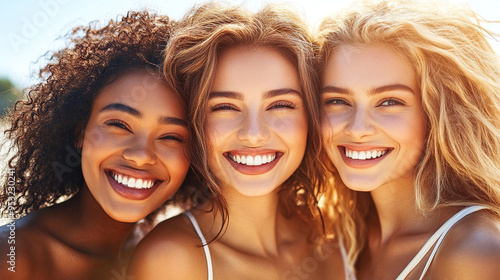 Portrait of Three Beautiful, Smiling Multiethnic Women in Their Late Thirties with Curly Hair and Golden-Brown Skin, Posing Outdoors on a Sunny Day with Natural Light and Soft Shadows