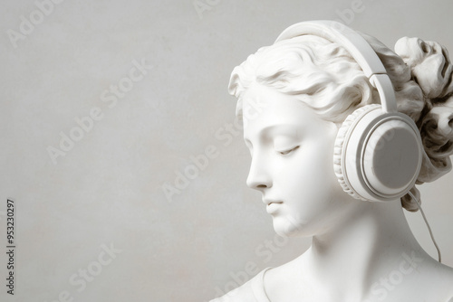 Antique sculpture of a woman in headphonesstatue of a female with headphones in grey background/banner