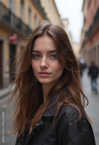 Beautiful young woman with brown hair with street background