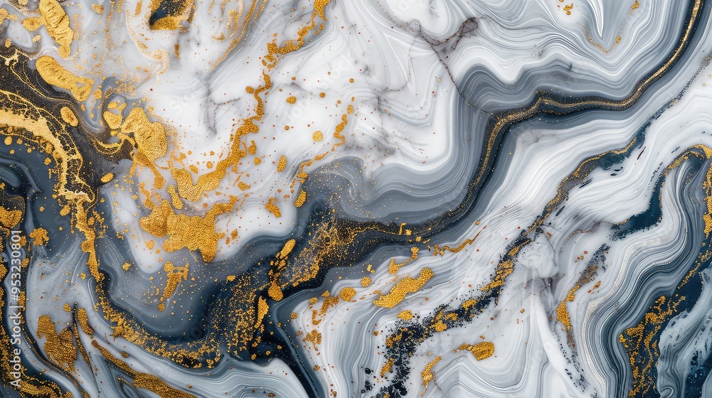 Abstract black, white, and gold marbled background with glitter. Abstract black, white, and gold marbled background with glitter.
