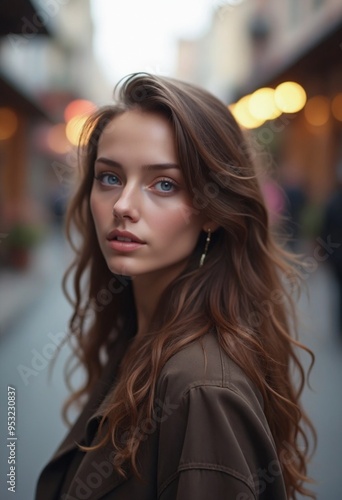 Beautiful young woman with brown hair with street background