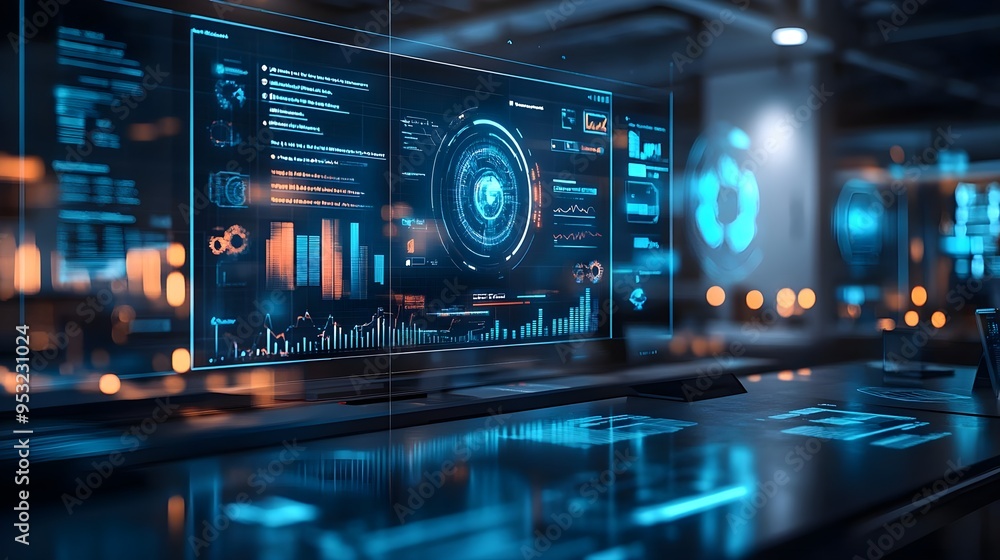 Futuristic Tech Interface On Screen With Data Analysis Futuristic Tech Interface On Screen With Data Analysis