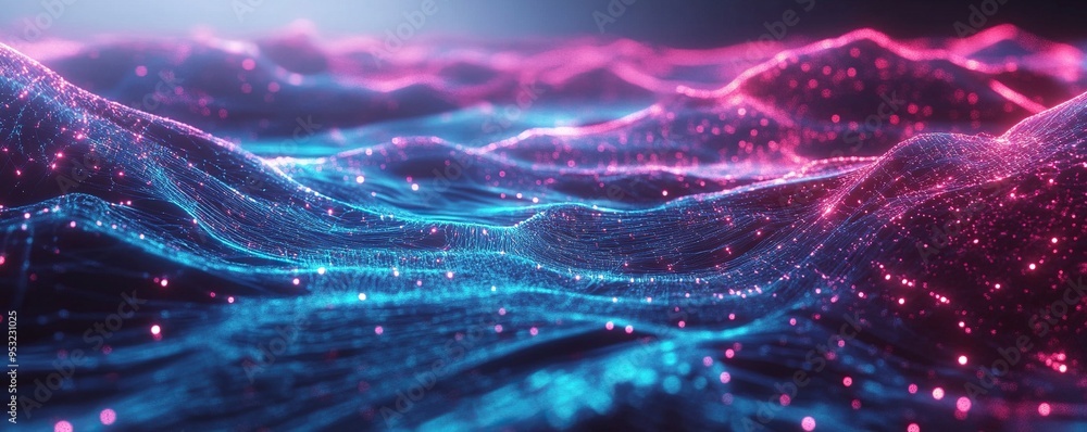 Naklejka premium Abstract digital landscape with glowing pink and blue lights