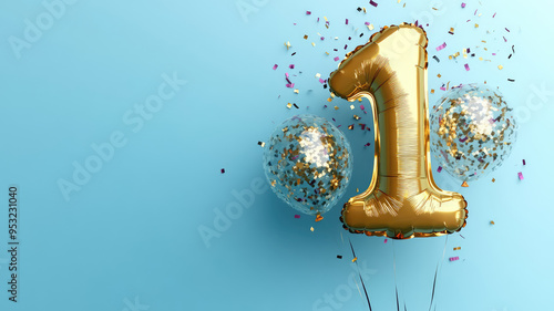 number 1 gold balloon with confetti on blue background. 3d render, high definition image