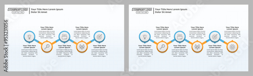 Horizontal Infographic Timeline with 5 & 6 Steps and Editable Text on a 16:9 Layout for Business Presentations, Management, and Evaluation.