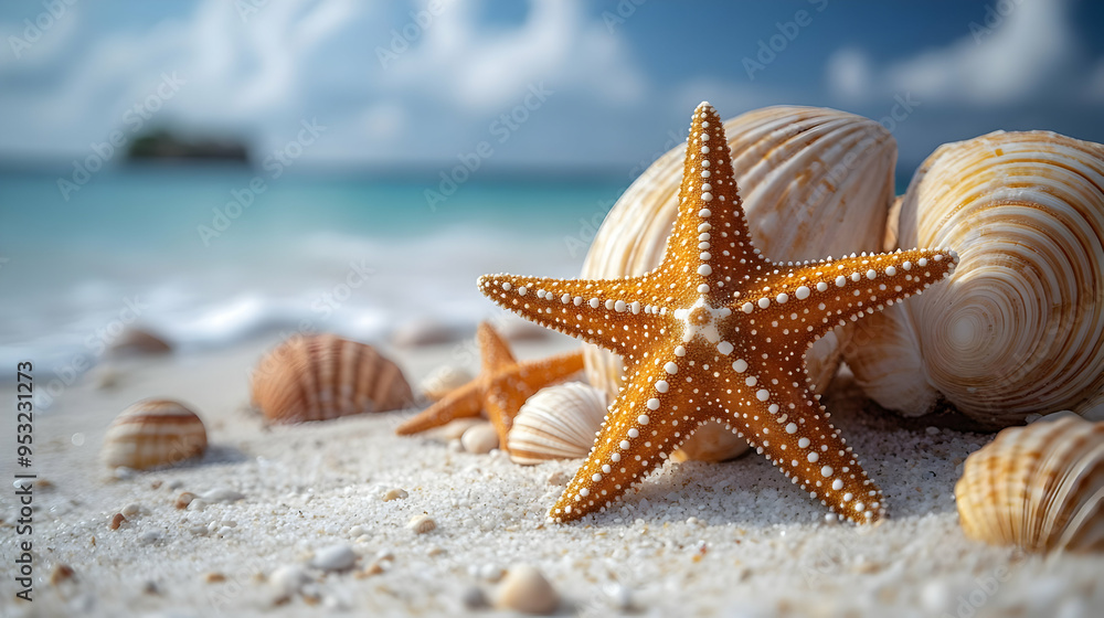 A starfish rests amongst seashells on a sandy beach. A starfish rests amongst seashells on a sandy beach.