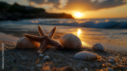 A starfish and seashells on...