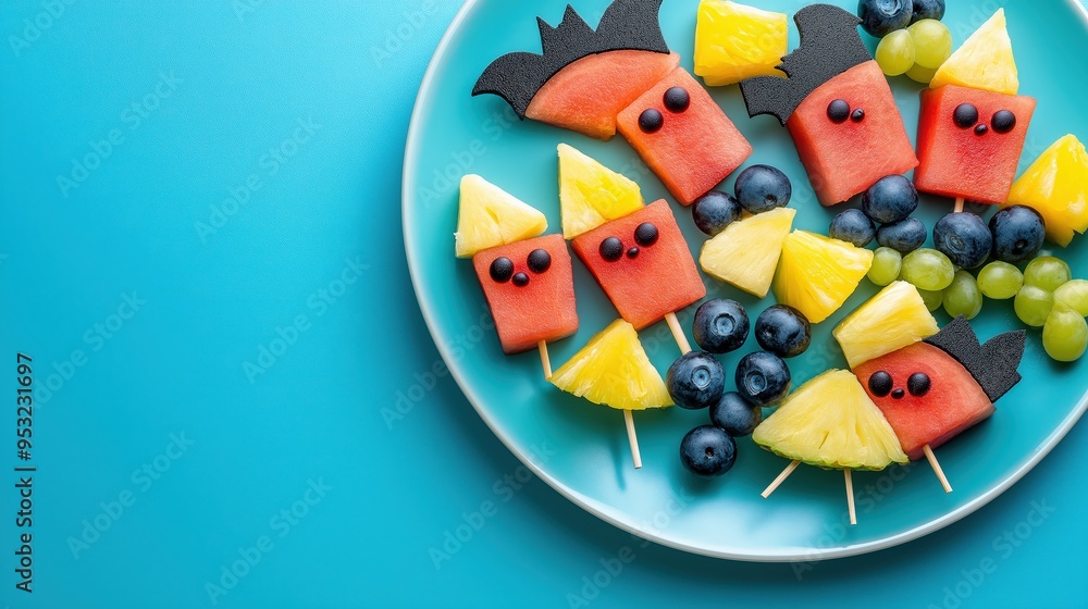 Obraz premium Fun Halloween fruit skewers with spooky bat and ghost faces