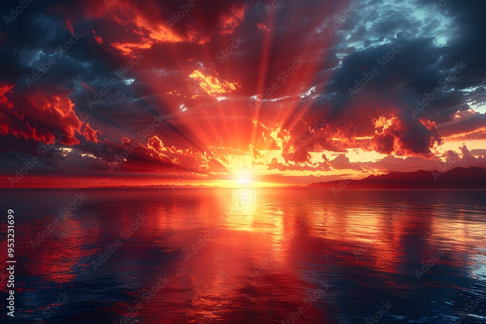 Dramatic Sunset over Tranquil Ocean Waters with Vibrant Cloud Formation Ideal for Posters, Prints, and Digital Art Dramatic Sunset over Tranquil Ocean Waters with Vibrant Cloud Formation Ideal for Posters, Prints, and Digital Art