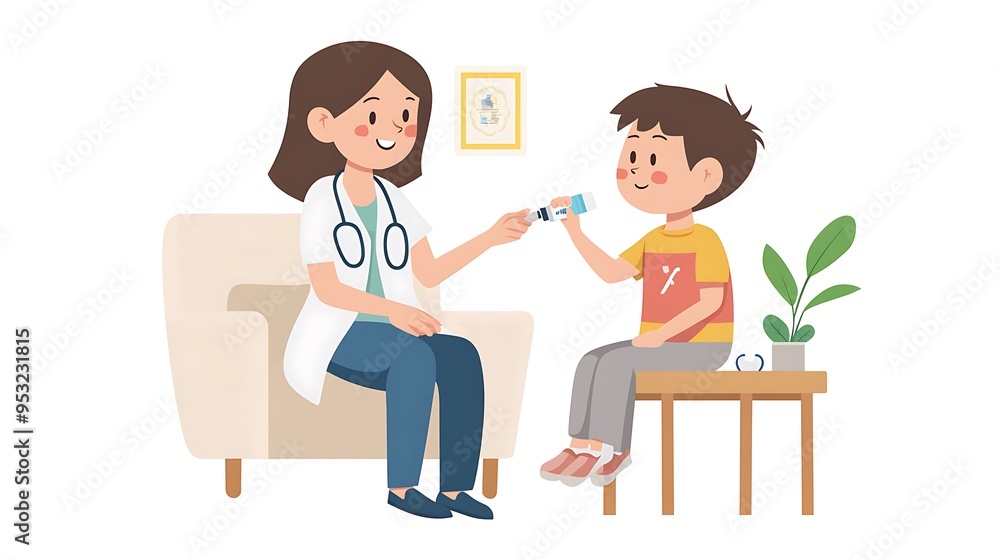 Caring Nurse Assisting Child with Inhaler in Cartoon Style - Colorful and Cheerful Healthcare Concept Caring Nurse Assisting Child with Inhaler in Cartoon Style - Colorful and Cheerful Healthcare Concept