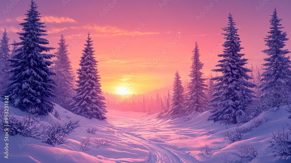 Breathtaking Winter Sunset Over Snowy Forest with Pine Trees and Pathway Breathtaking Winter Sunset Over Snowy Forest with Pine Trees and Pathway