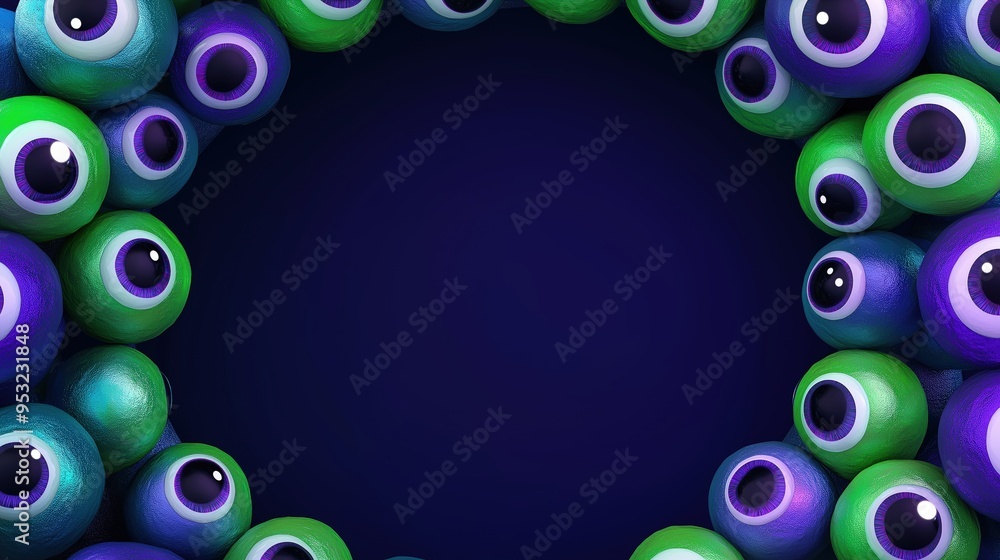Spooky Halloween frame made of colorful eyeballs on dark background Spooky Halloween frame made of colorful eyeballs on dark background