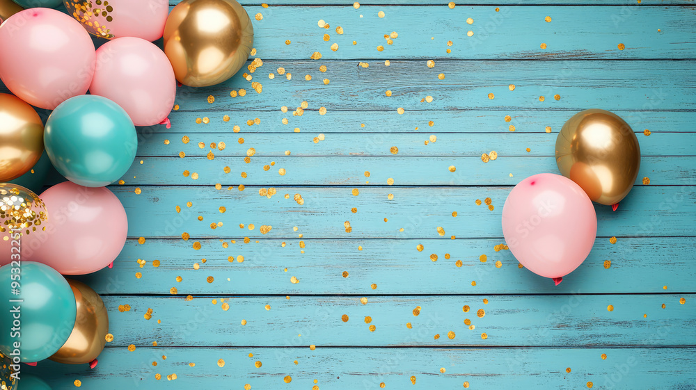 Obraz premium festive pastel pink, teal and gold balloons against a rustic blue wooden background, sprinkled with golden confetti. party decorations for father's day banner, birthdays,