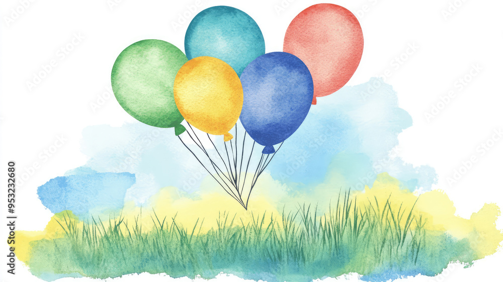 Obraz premium a cluster of balloons ascending above a blue-green-yellow watercolor landscape of grass, high quality image