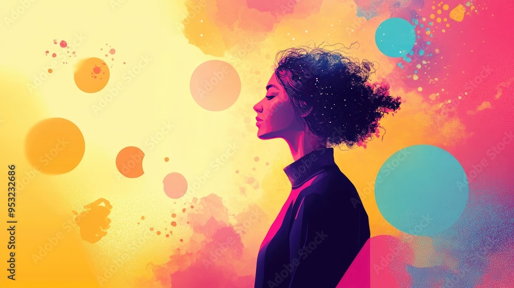 Vibrant Portrait of a Woman in Profile with Abstract Colorful Background Vibrant Portrait of a Woman in Profile with Abstract Colorful Background