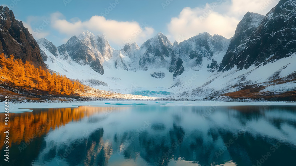 Fototapeta premium A tranquil lake reflects a snow-capped mountain range under a cloudy sky.