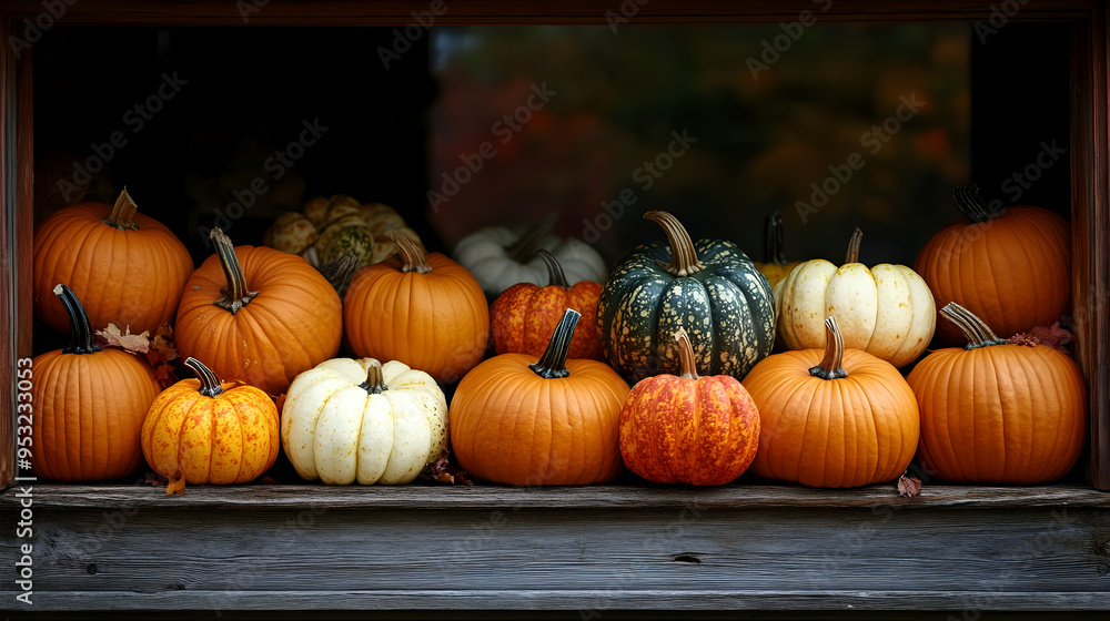 A variety of pumpkins, gourds, and squashes are displayed in a window. A variety of pumpkins, gourds, and squashes are displayed in a window.