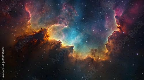 A vast nebula in space, with bright colors and a scattering of stars.