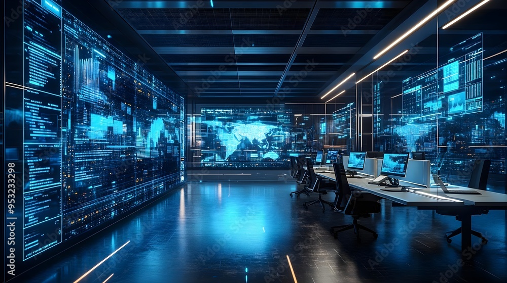 Fototapeta premium Futuristic Tech Office Interior with Blue Data Screens