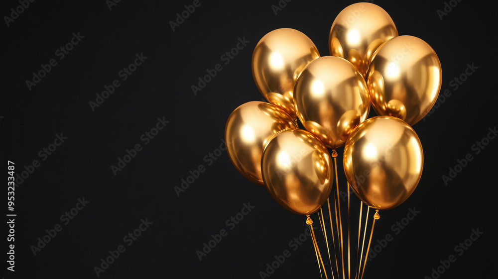 a cluster of shiny gold balloons floating against a stark black background, high definition photo a cluster of shiny gold balloons floating against a stark black background, high definition photo