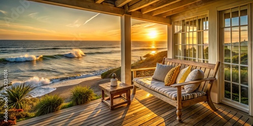 coastal retreat rustic wooden bench seaside farmhouse porch Seabrook morning golden light relaxed atmosphere waves crashing ocean sounds calming nature escape photo