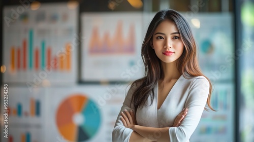 Confident Businesswoman Standing in Modern Office with Data Charts in Background