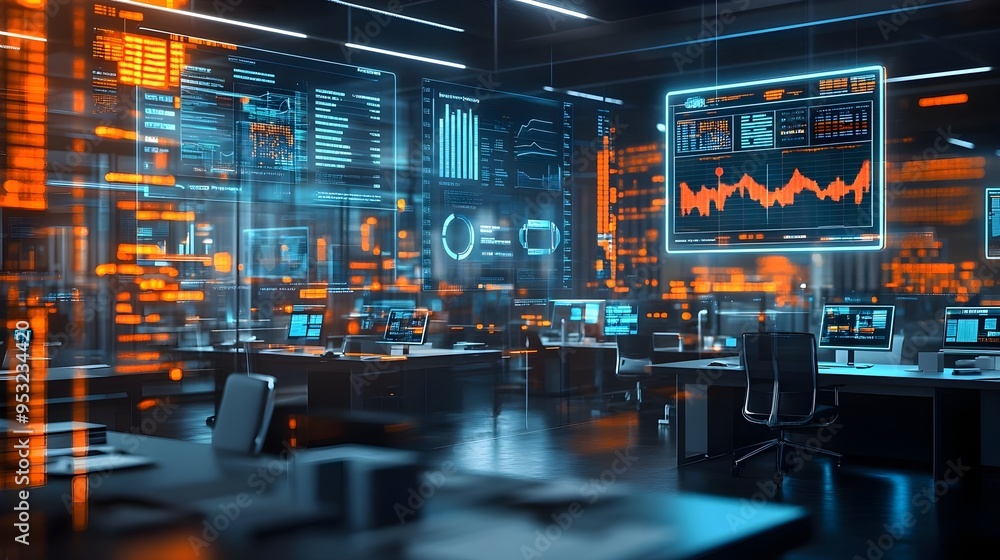 Futuristic Tech Office with Data Analysis Screens Futuristic Tech Office with Data Analysis Screens