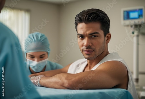 A patient is seated in a hospital room, receiving care from medical staff, with a focused expression.