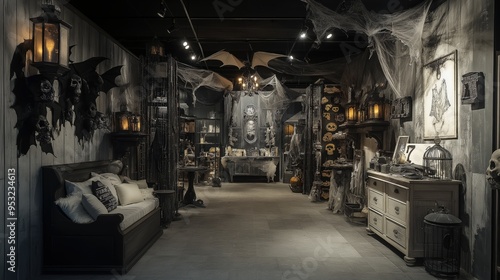 Halloween shop filled with eerie lighting and ghostly decorations