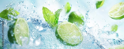 Fresh lime slices and mint leaves splashing in clear water, creating a refreshing and vibrant summer scene.