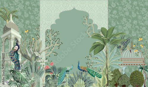 Mughal decorative garden with peacock frame for wedding invitation card. Mughal arch, Seamless background.
