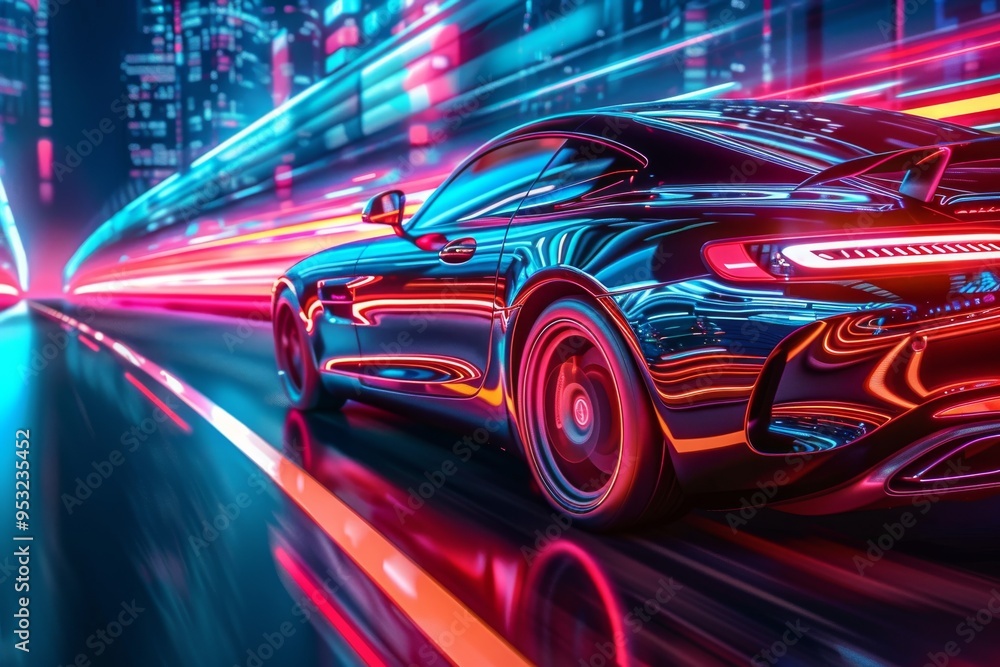Race AI automobile in cyberpunk downtown on a futuristic floating track in cyberspace Race AI automobile in cyberpunk downtown on a futuristic floating track in cyberspace