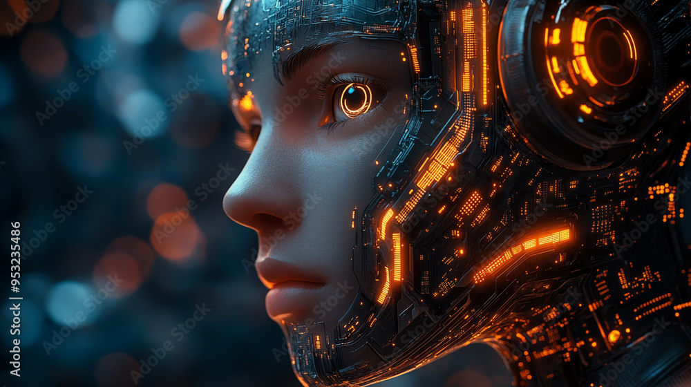 Cyborg face with glowing circuits gazes into futuristic world. Concept ...