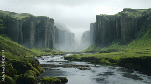 A winding river flows throu...