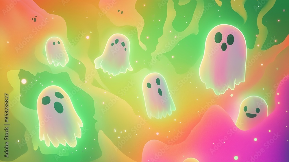 Glowing ghost characters floating in neon space Glowing ghost characters floating in neon space