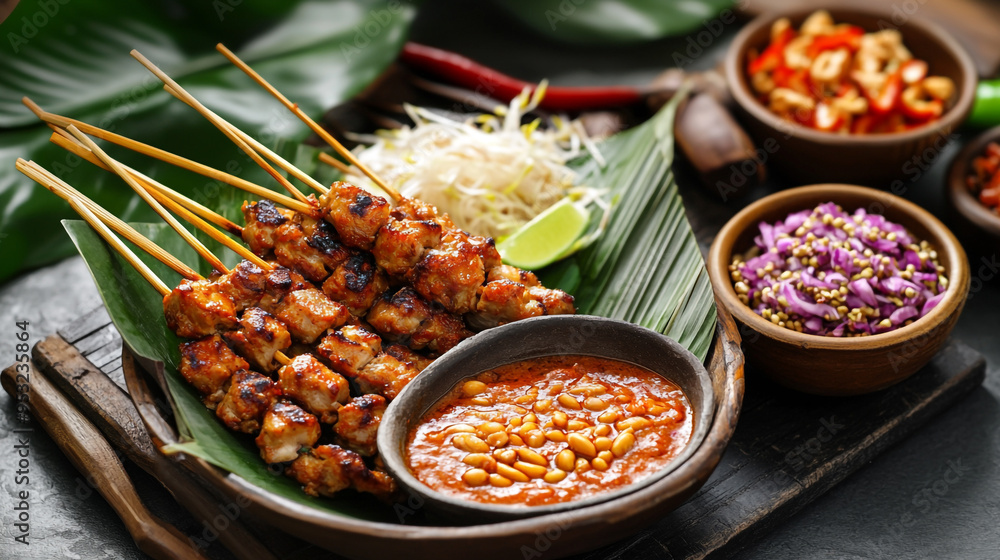 Obraz premium Delicious skewers of grilled meat served with peanut sauce and fresh vegetables in a vibrant dining setting