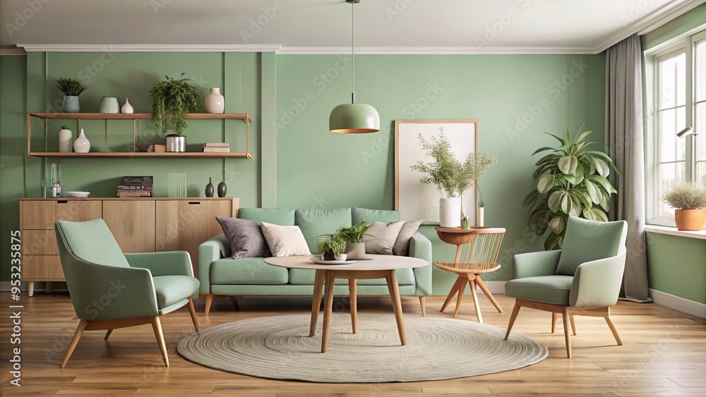 Scandinavian-style living room with mint-colored chairs at a round wooden table, featuring a comfortable sofa and a sleek cabinet against a soft green wall. Mid-century modern aesthetics. Scandinavian-style living room with mint-colored chairs at a round wooden table, featuring a comfortable sofa and a sleek cabinet against a soft green wall. Mid-century modern aesthetics.