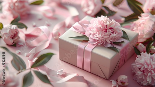 Fototapeta Naklejka Na Ścianę i Meble -  Birthday gift box with peonies and a festive ribbon, minimalistic style