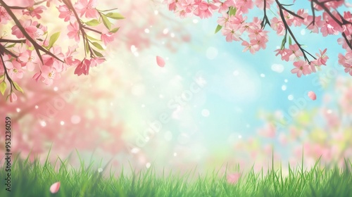 Springtime Blossom with Green Grass and a Soft Blur