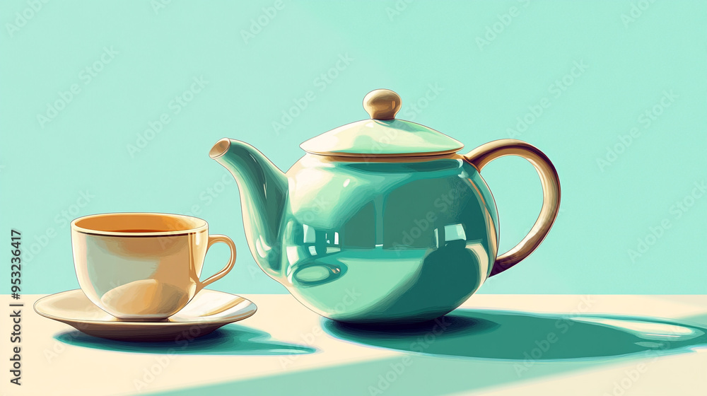 A beautiful turquoise teapot with a matching cup and saucer on a simple table against a light blue backdrop in soft morning light A beautiful turquoise teapot with a matching cup and saucer on a simple table against a light blue backdrop in soft morning light