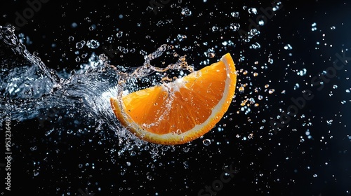 A vibrant orange slice splashing in water, creating a refreshing and dynamic visual against a dark background.