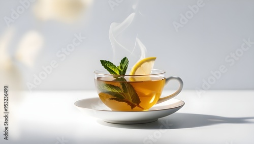 Tea in Cup with Mint Leaf and Lemon, Isolated on White Background