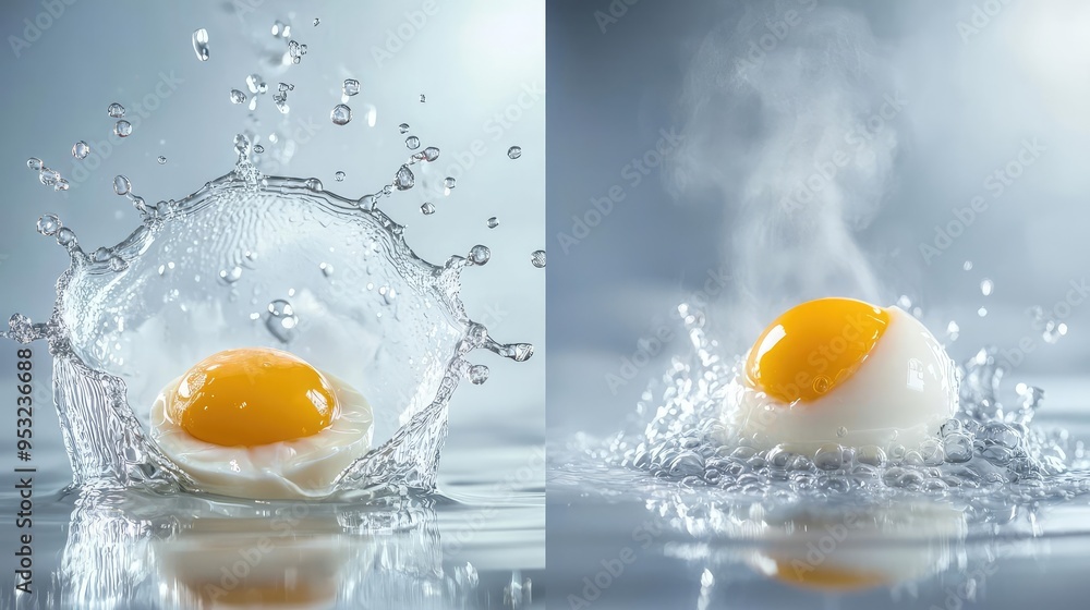 A stunning close-up of an egg splashing in water and another being cooked, showcasing textures and motion in a culinary scene. A stunning close-up of an egg splashing in water and another being cooked, showcasing textures and motion in a culinary scene.