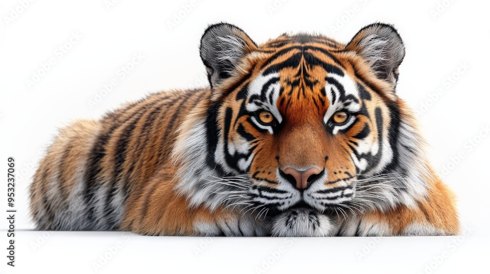 Fototapeta premium The Tiger's Gaze: A majestic Siberian tiger stares intently into the camera, its piercing amber eyes and powerful presence captivating the viewer. The animal's stripes are beautifully defined, and its